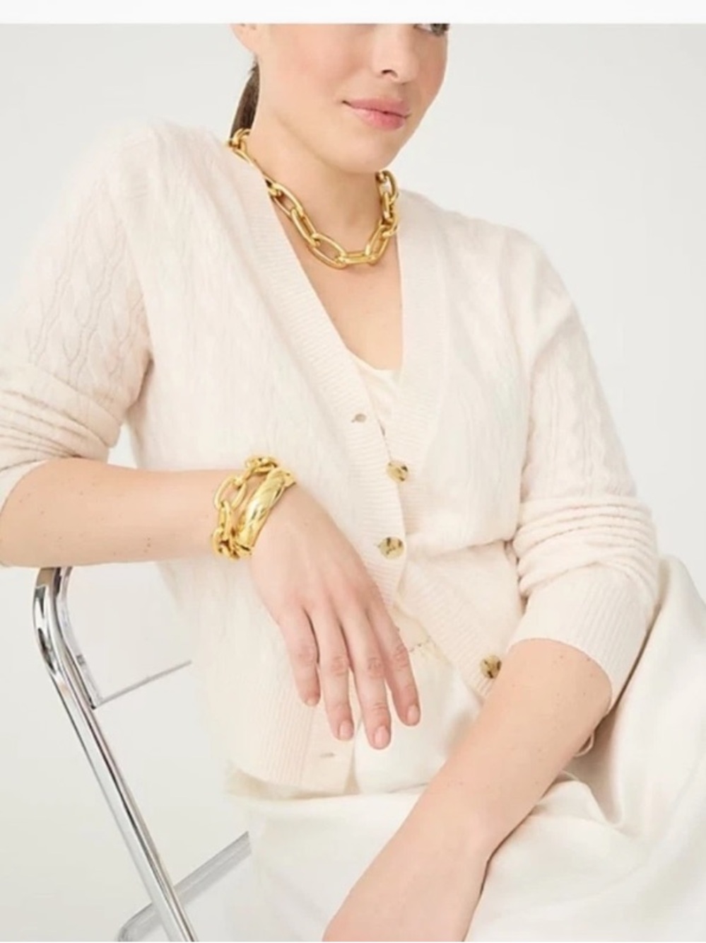 J. Crew Cashmere shrunken cable-knit V-neck cardigan sweater - Snow